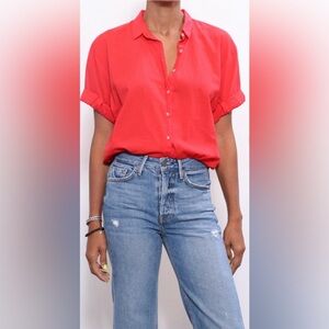 Xirena Channing Rolled Sleeve Cotton Gauze Button Down Shirt in Red Torch Medium